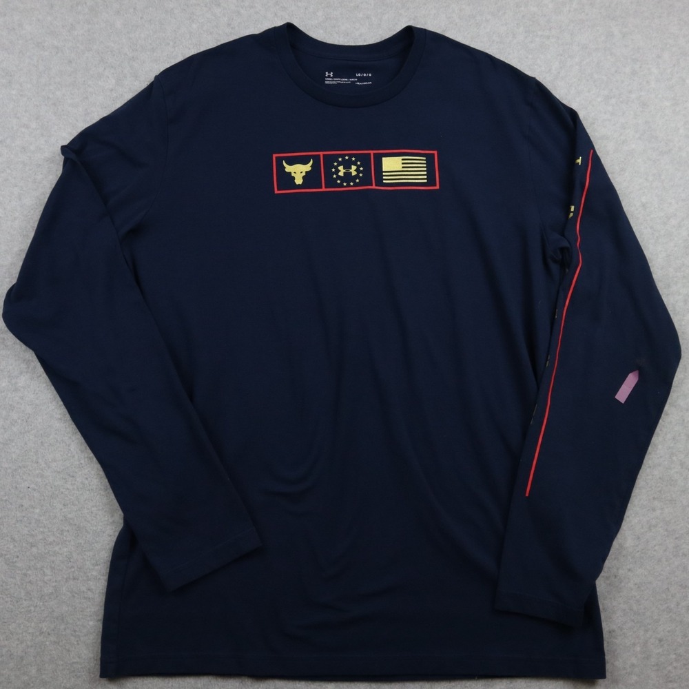 Under Armour T-Shirt Mens Large Heatgear Loose Project Rock Tee Blue Long Sleeve